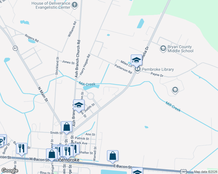 map of restaurants, bars, coffee shops, grocery stores, and more near 185 Kayton Court in Pembroke