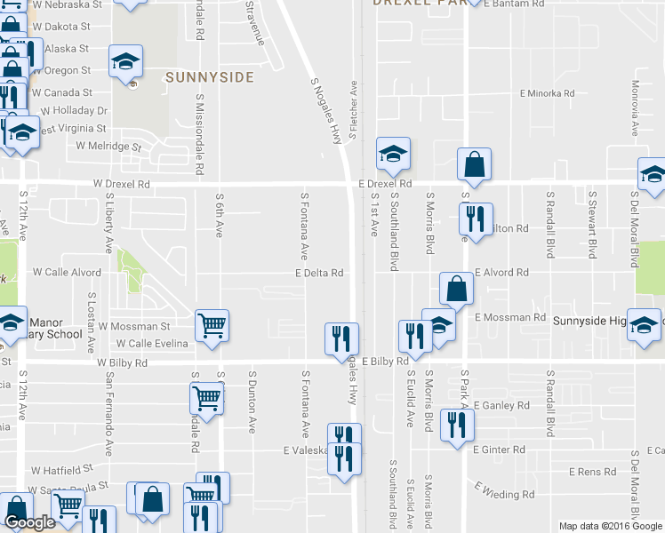 map of restaurants, bars, coffee shops, grocery stores, and more near 351 East Delta Road in Tucson