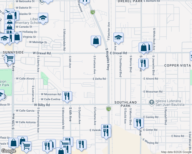 map of restaurants, bars, coffee shops, grocery stores, and more near 5850 South Fontana Avenue in Tucson