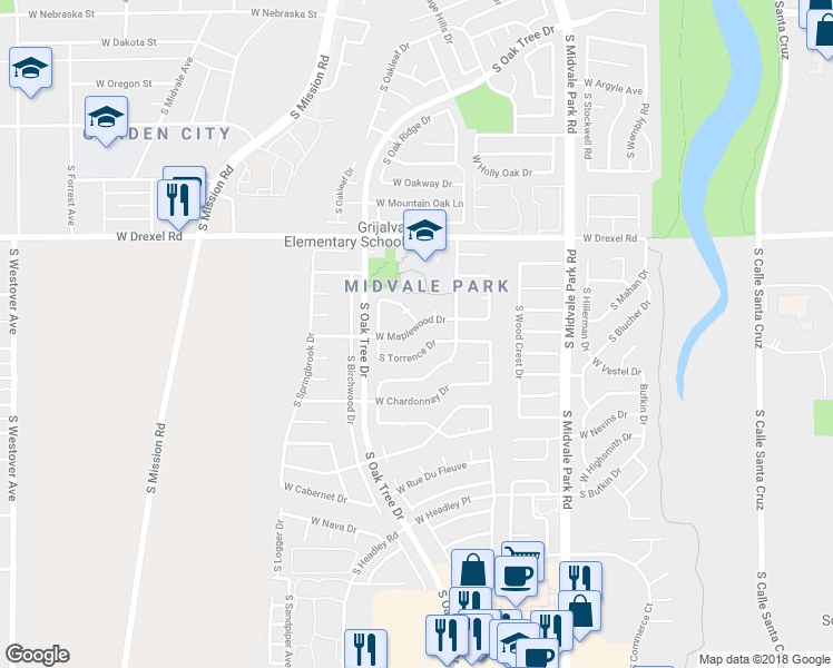 map of restaurants, bars, coffee shops, grocery stores, and more near 1796 West Great Oak Drive in Tucson