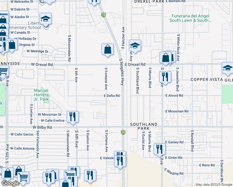 map of restaurants, bars, coffee shops, grocery stores, and more near 351 East Delta Road in Tucson