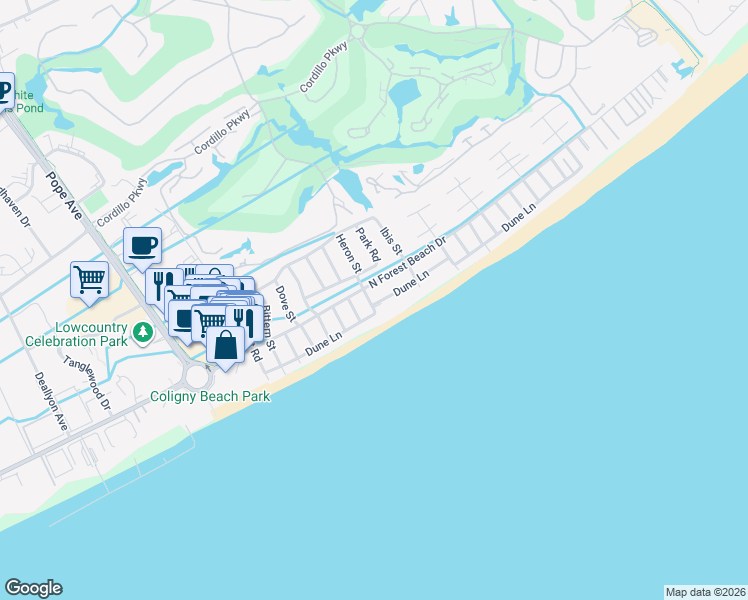 map of restaurants, bars, coffee shops, grocery stores, and more near 47 Dune Lane in Hilton Head Island
