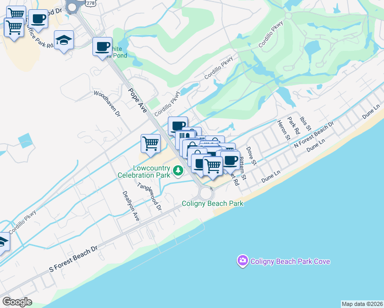 map of restaurants, bars, coffee shops, grocery stores, and more near 79 Pope Avenue in Hilton Head Island