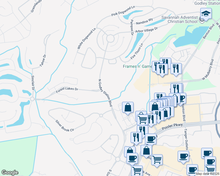 map of restaurants, bars, coffee shops, grocery stores, and more near 306 North Godley Station Boulevard in Pooler