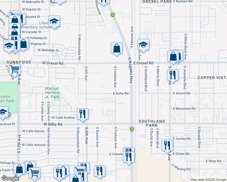 map of restaurants, bars, coffee shops, grocery stores, and more near 5850 South Fontana Avenue in Tucson