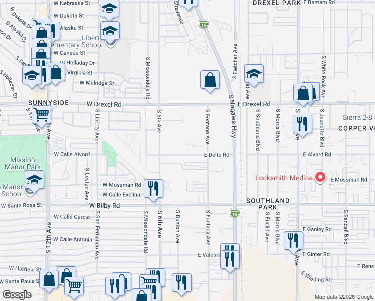 map of restaurants, bars, coffee shops, grocery stores, and more near 207 East Delta Road in Tucson