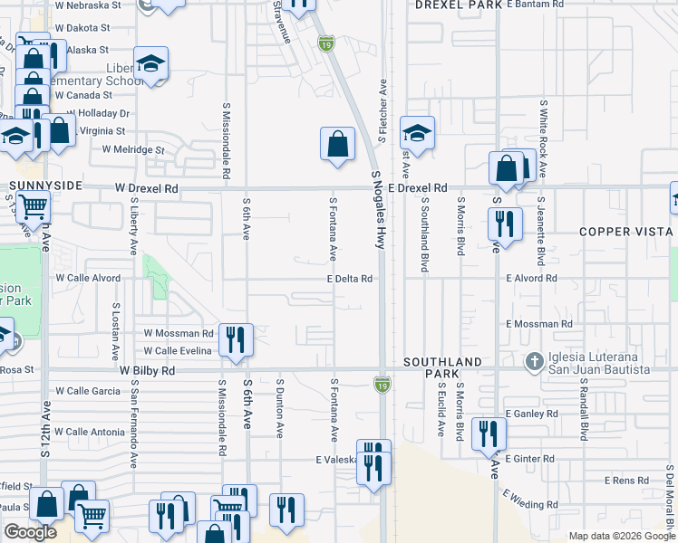 map of restaurants, bars, coffee shops, grocery stores, and more near 5850 South Fontana Avenue in Tucson