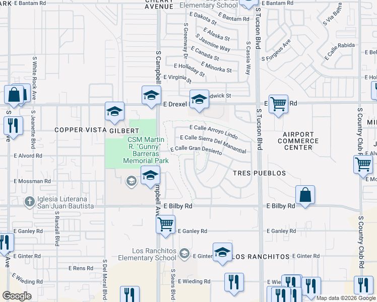 map of restaurants, bars, coffee shops, grocery stores, and more near 2022 East Calle Gran Desierto in Tucson