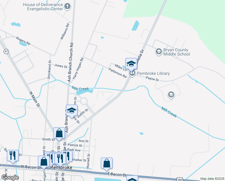 map of restaurants, bars, coffee shops, grocery stores, and more near 115 Kayton Court in Pembroke