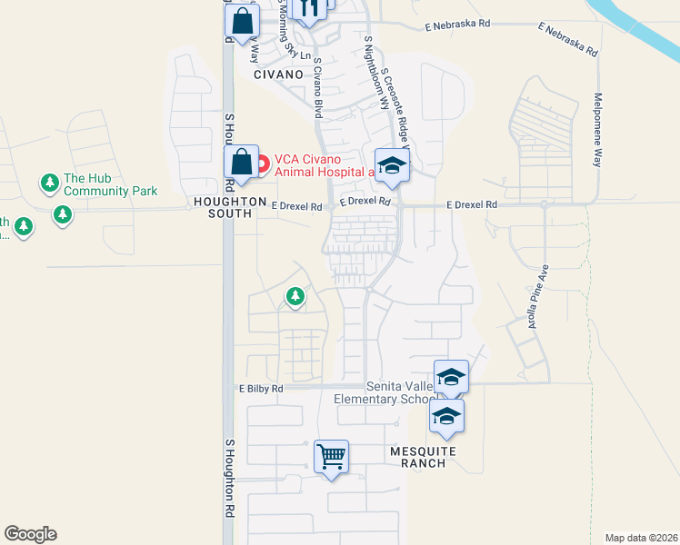 map of restaurants, bars, coffee shops, grocery stores, and more near 10540 East Forest Falls Court in Tucson