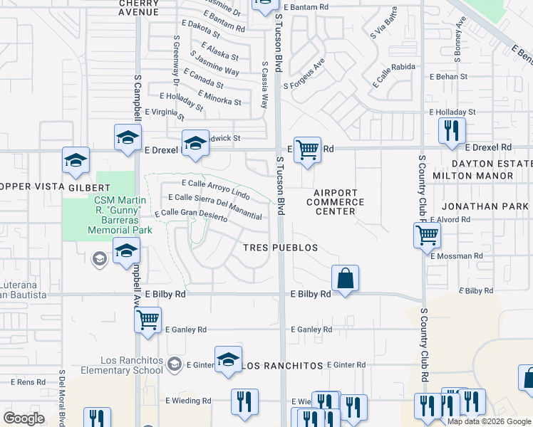 map of restaurants, bars, coffee shops, grocery stores, and more near 2433 East Calle Sierra Del Manantial in Tucson