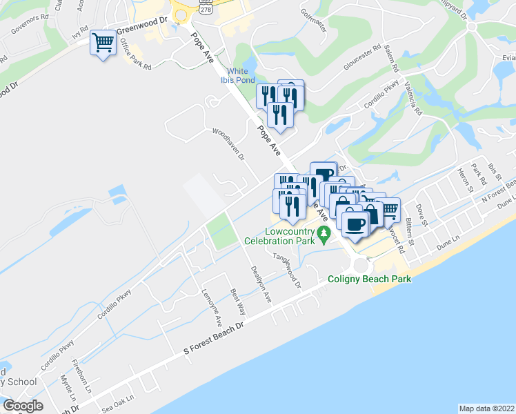 map of restaurants, bars, coffee shops, grocery stores, and more near 36 Deallyon Avenue in Hilton Head Island
