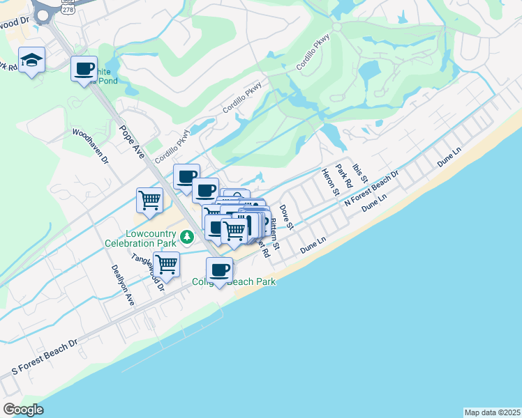 map of restaurants, bars, coffee shops, grocery stores, and more near 21 Lagoon Road in Hilton Head Island