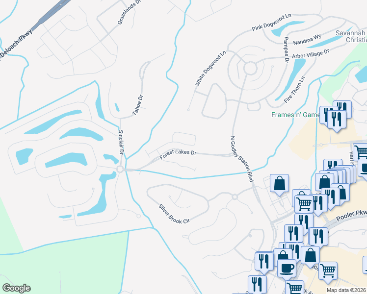 map of restaurants, bars, coffee shops, grocery stores, and more near 145 Regency Circle in Pooler