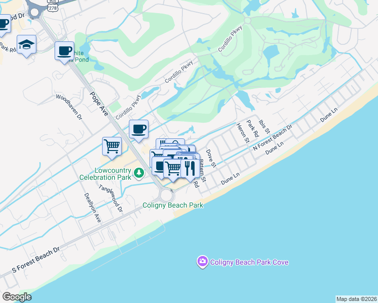 map of restaurants, bars, coffee shops, grocery stores, and more near 21 Lagoon Road in Hilton Head Island