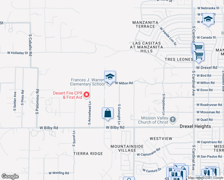 map of restaurants, bars, coffee shops, grocery stores, and more near 3505 West Milton Road in Tucson