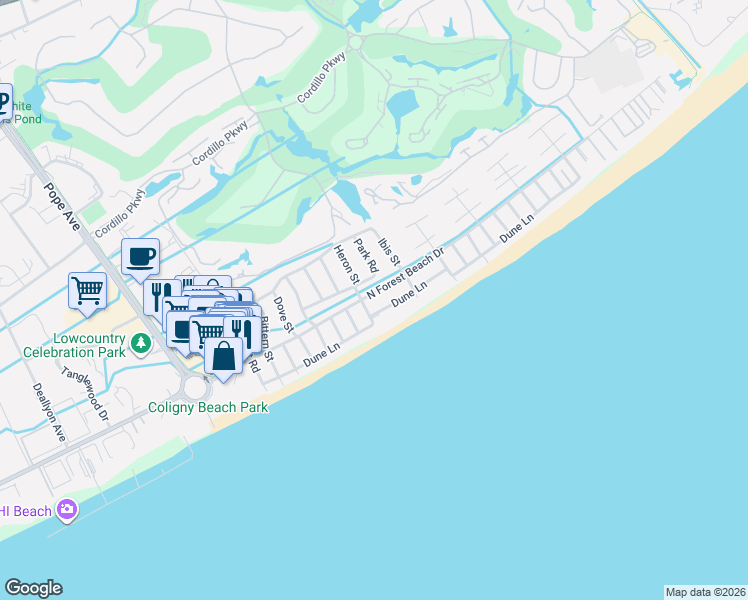 map of restaurants, bars, coffee shops, grocery stores, and more near 47 Dune Lane in Hilton Head Island