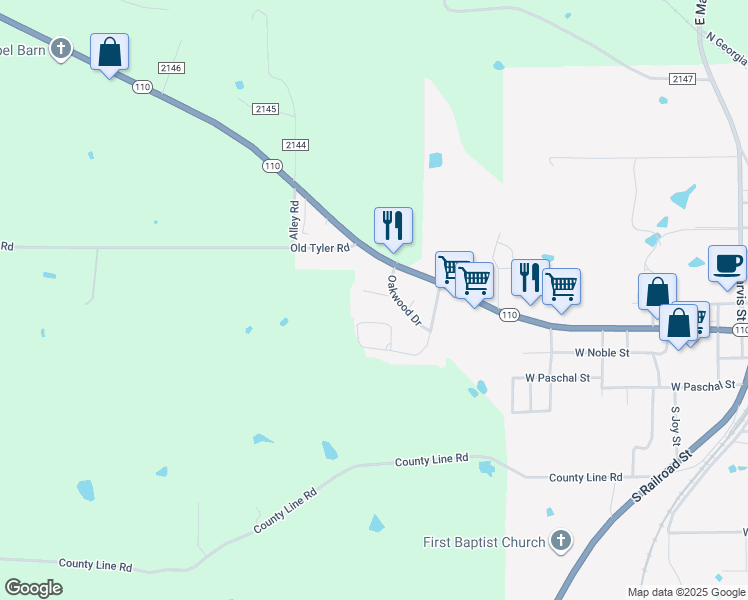 map of restaurants, bars, coffee shops, grocery stores, and more near 1804 Oakwood Circle in Troup