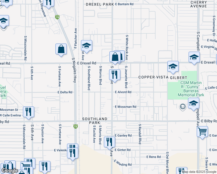 map of restaurants, bars, coffee shops, grocery stores, and more near 961 East Alvord Road in Tucson