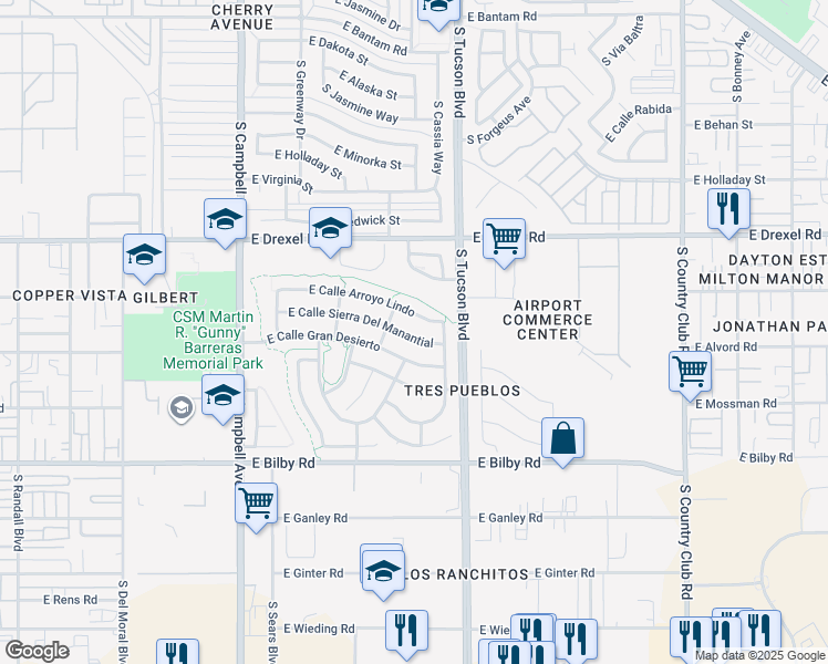 map of restaurants, bars, coffee shops, grocery stores, and more near 2385 East Calle Sierra Del Manantial in Tucson