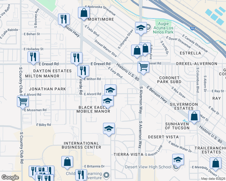 map of restaurants, bars, coffee shops, grocery stores, and more near 3707 East Alvord Road in Tucson