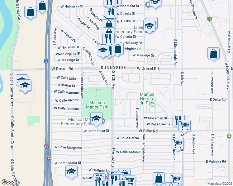 map of restaurants, bars, coffee shops, grocery stores, and more near 5801 South 12th Avenue in Tucson