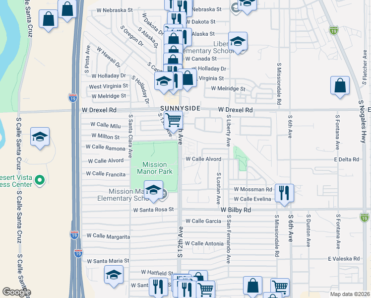 map of restaurants, bars, coffee shops, grocery stores, and more near 5801 South 12th Avenue in Tucson