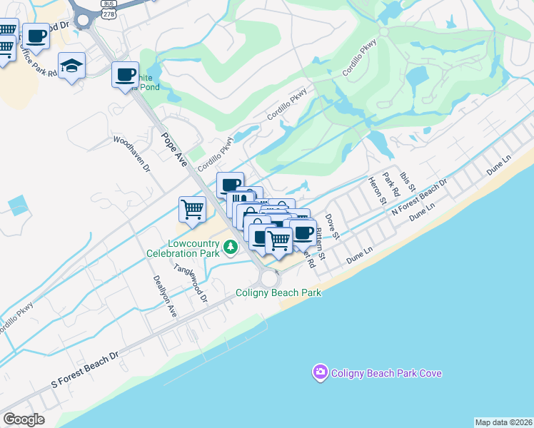 map of restaurants, bars, coffee shops, grocery stores, and more near 79 Pope Avenue in Hilton Head Island