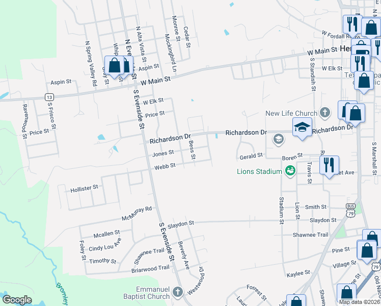 map of restaurants, bars, coffee shops, grocery stores, and more near 1103 Webb Street in Henderson