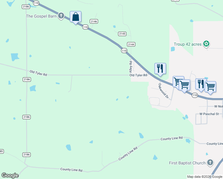 map of restaurants, bars, coffee shops, grocery stores, and more near 22668 County Road 2138 in Troup