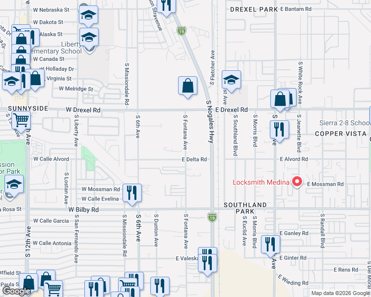 map of restaurants, bars, coffee shops, grocery stores, and more near 5844 South Fontana Avenue in Tucson