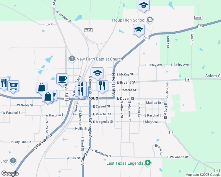 map of restaurants, bars, coffee shops, grocery stores, and more near 303 East Duval Street in Troup