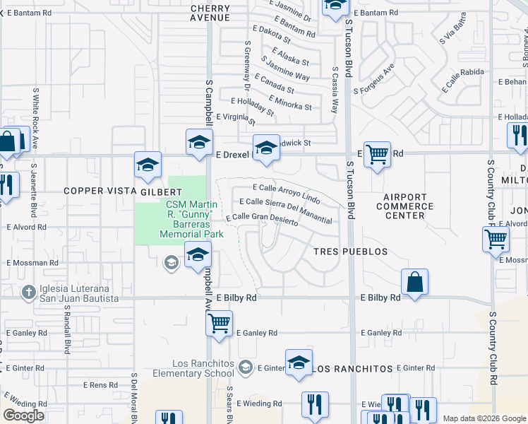 map of restaurants, bars, coffee shops, grocery stores, and more near 2145 East Calle Gran Desierto in Tucson