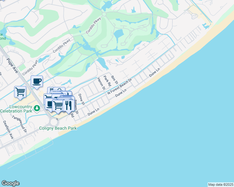 map of restaurants, bars, coffee shops, grocery stores, and more near 62 Dune Lane in Hilton Head Island