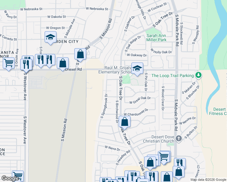 map of restaurants, bars, coffee shops, grocery stores, and more near 1930 West Piney View Place in Tucson