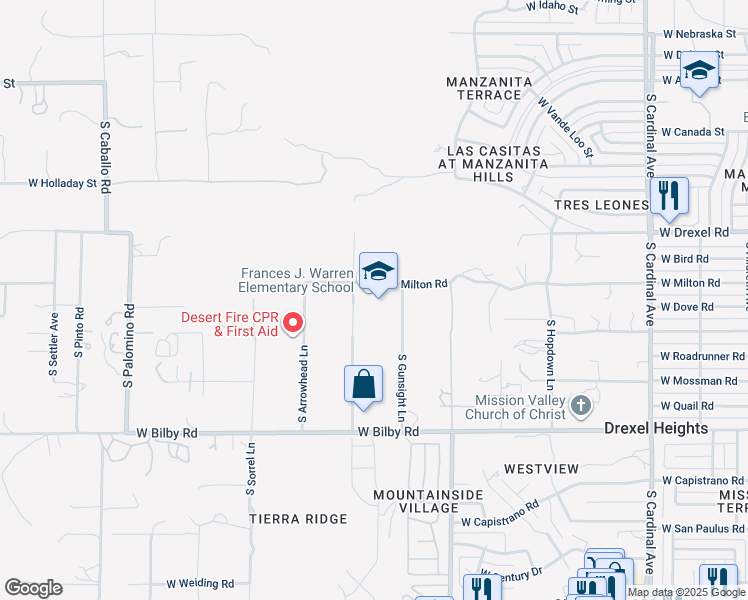 map of restaurants, bars, coffee shops, grocery stores, and more near 3505 West Milton Road in Tucson