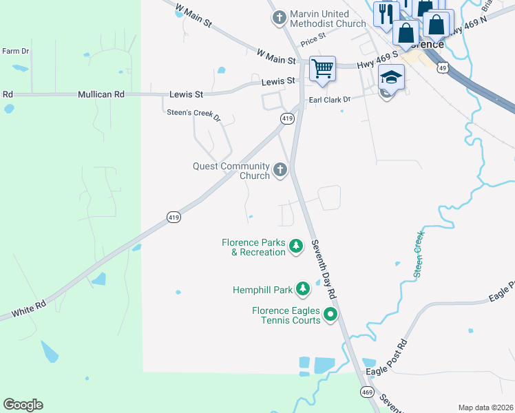 map of restaurants, bars, coffee shops, grocery stores, and more near 1056 Spanish Oak Boulevard in Florence