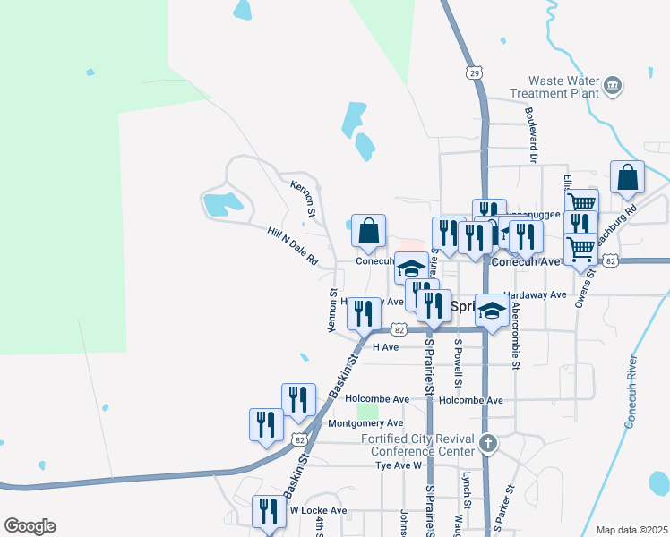 map of restaurants, bars, coffee shops, grocery stores, and more near 201 Kennon Street in Union Springs