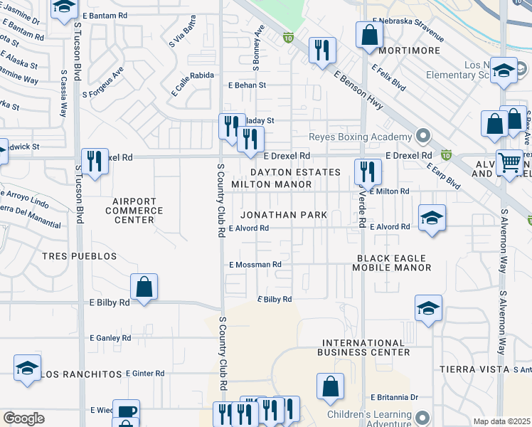 map of restaurants, bars, coffee shops, grocery stores, and more near 3224 East Milton Road in Tucson