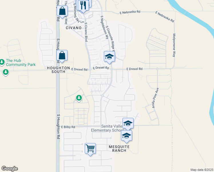 map of restaurants, bars, coffee shops, grocery stores, and more near 10615 East Native Rose Trail in Tucson