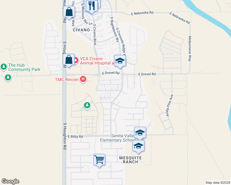 map of restaurants, bars, coffee shops, grocery stores, and more near 10632 East Native Rose Trail in Tucson