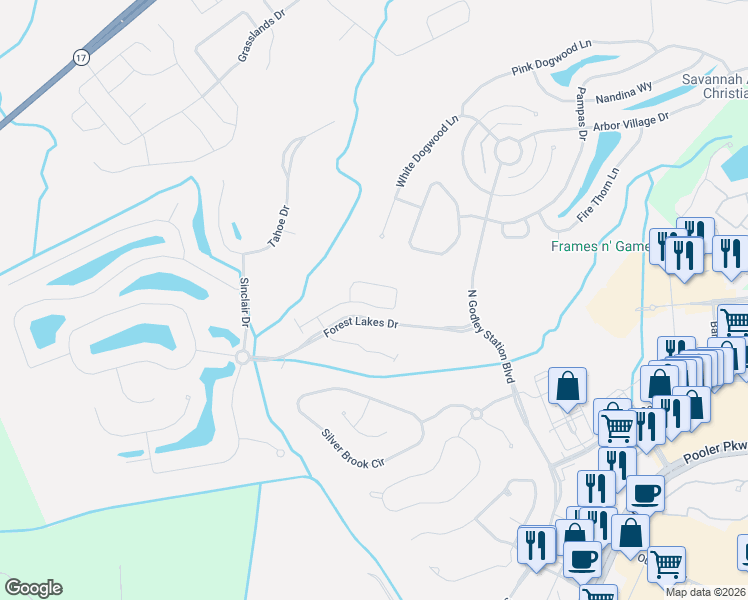 map of restaurants, bars, coffee shops, grocery stores, and more near 174 Regency Circle in Pooler