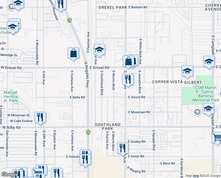 map of restaurants, bars, coffee shops, grocery stores, and more near 5822 South Morris Boulevard in Tucson