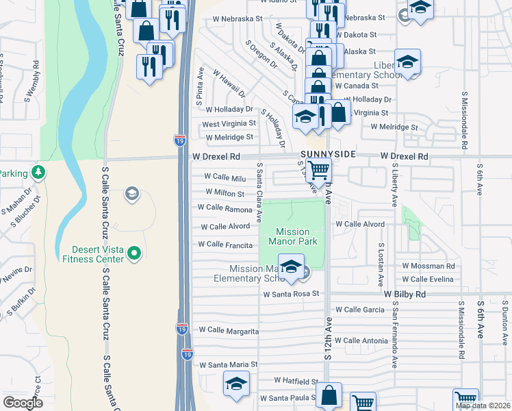 map of restaurants, bars, coffee shops, grocery stores, and more near 801 West Milton Street in Tucson