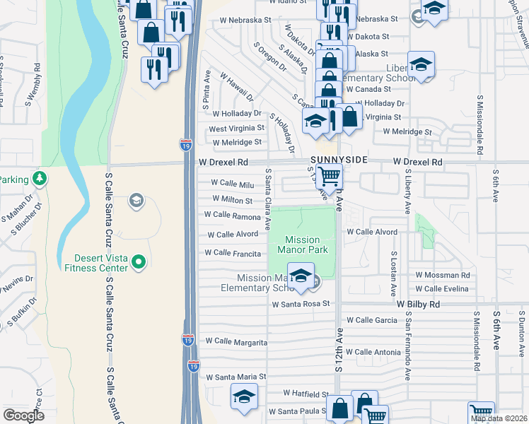 map of restaurants, bars, coffee shops, grocery stores, and more near 801 West Milton Street in Tucson