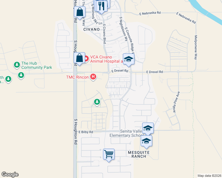 map of restaurants, bars, coffee shops, grocery stores, and more near 10550 East Native Rose Trail in Tucson