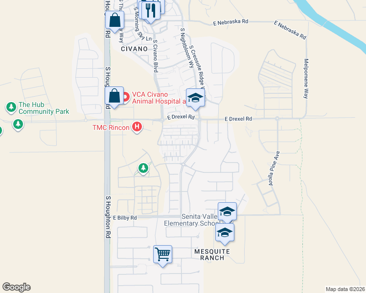 map of restaurants, bars, coffee shops, grocery stores, and more near 10615 East Native Rose Trail in Tucson