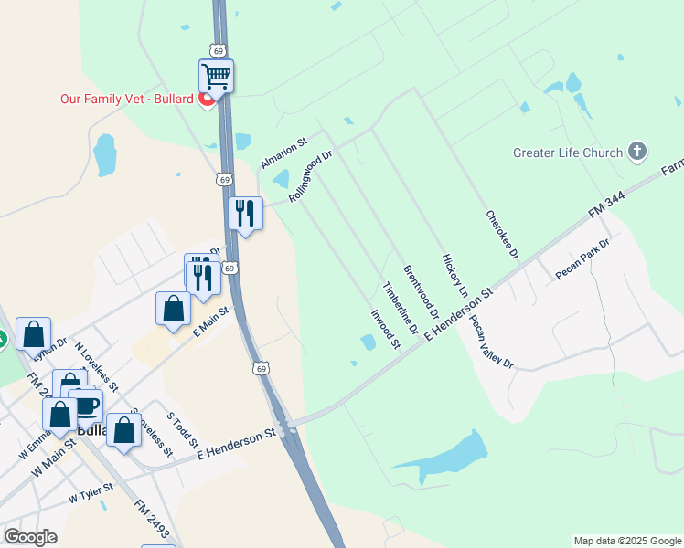map of restaurants, bars, coffee shops, grocery stores, and more near 320 Inwood Drive in Bullard