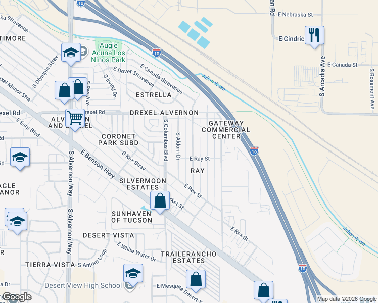 map of restaurants, bars, coffee shops, grocery stores, and more near 5811 South Aldorn Drive in Tucson