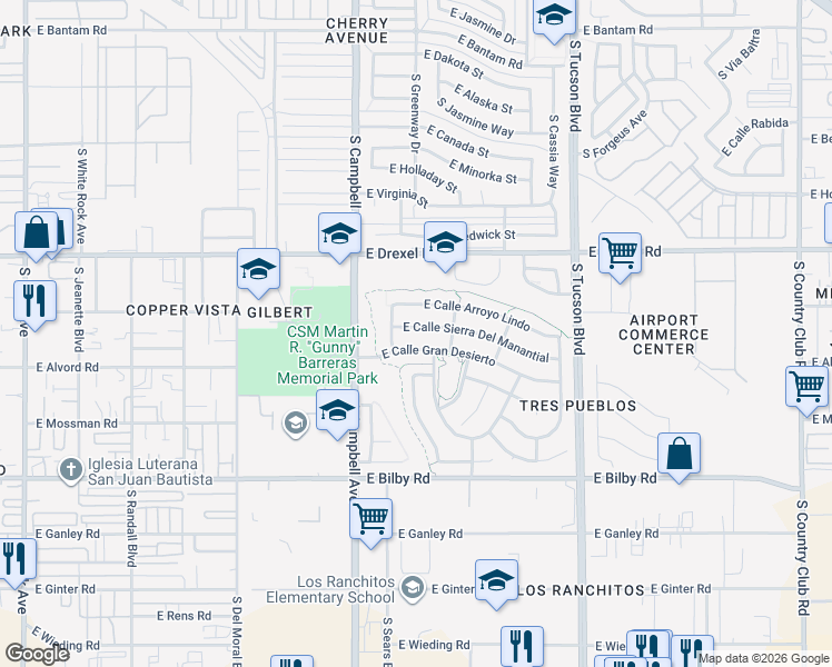 map of restaurants, bars, coffee shops, grocery stores, and more near 2027 East Calle Sierra Del Manantial in Tucson